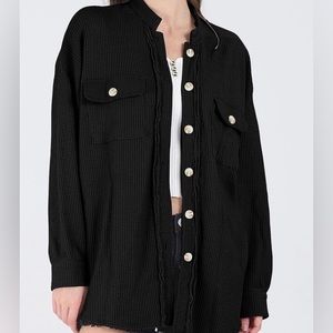ChouYatou Women’s Black Waffle Knit Shirt Jacket
